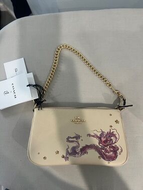 Coach Cream Shoulder Bag with Purple Dragon and Gold Chain